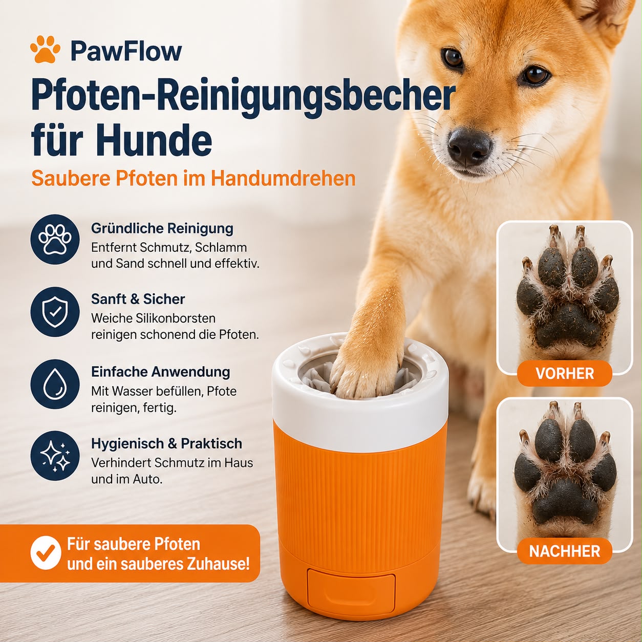 PawFlow Pfoten-Reinigungsbecher für Hunde – Sanfte und gründliche Pfotenreinigung