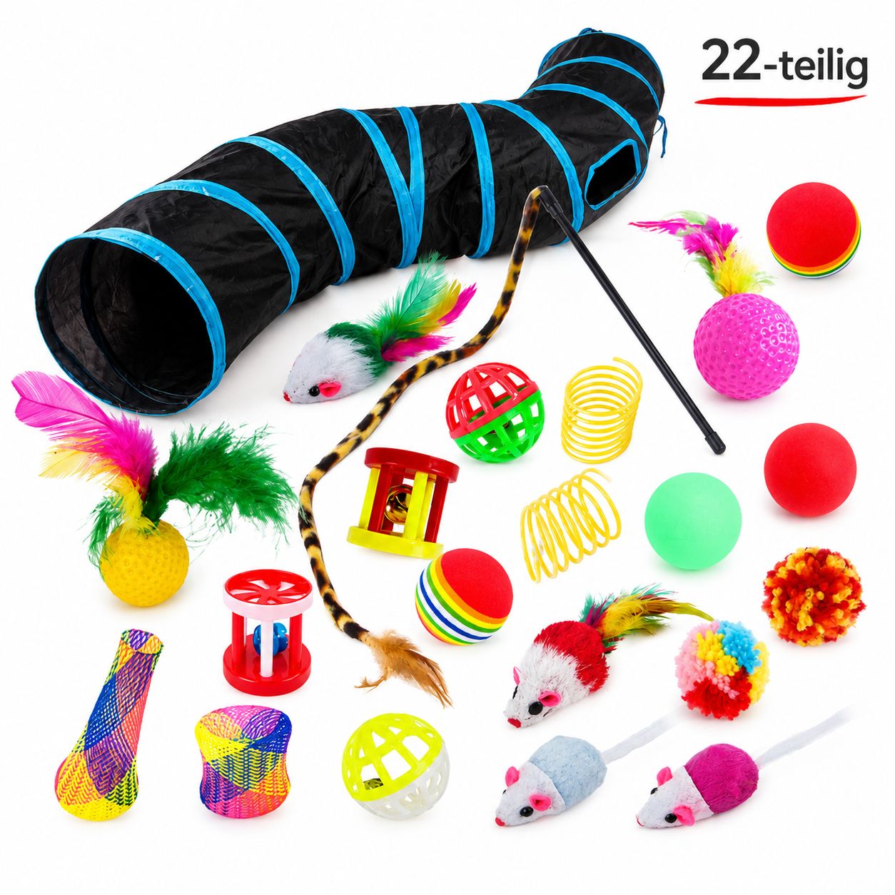 PawFlow 22-teiliges Katzen-Spielset mit Spieltunnel & Zubehör