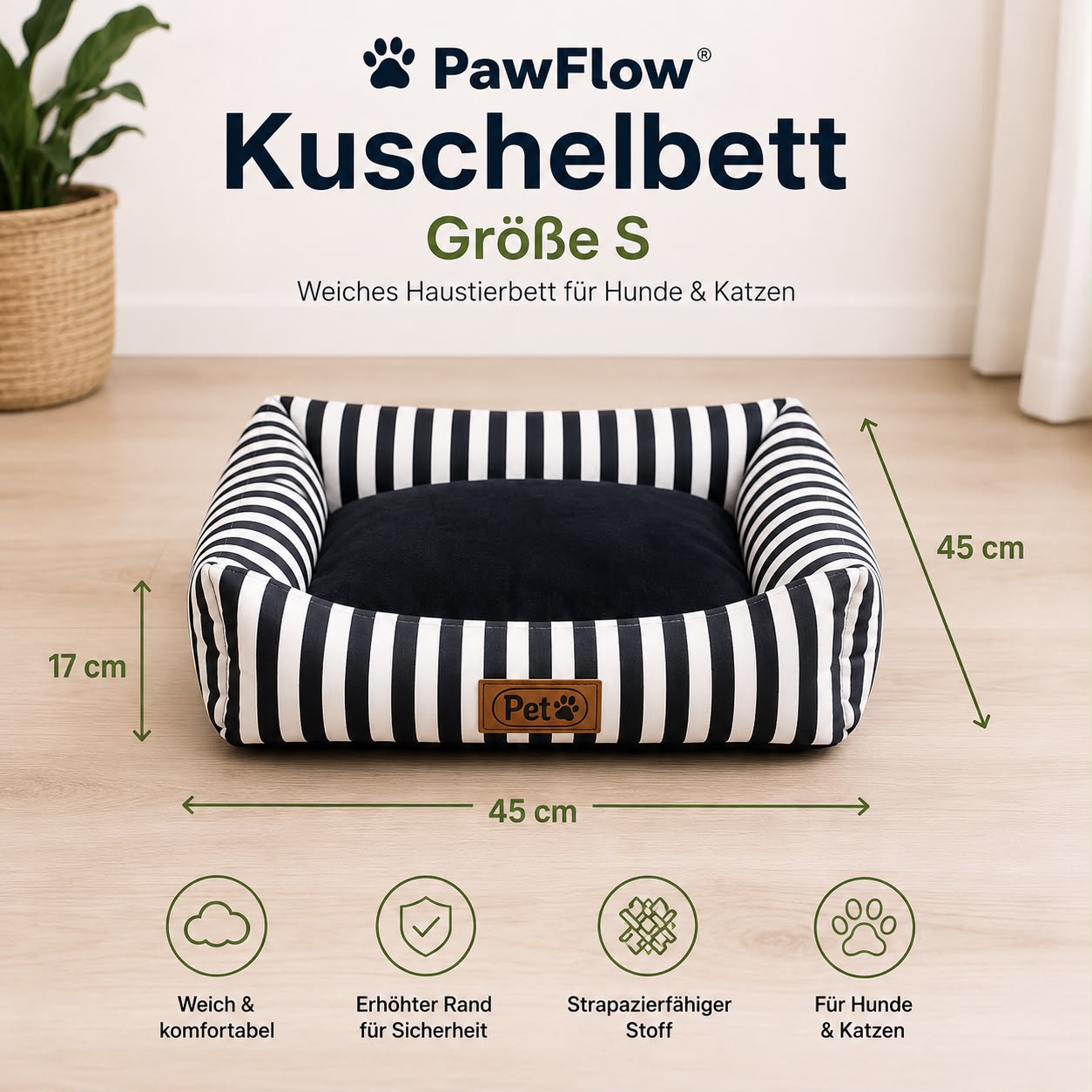 PawFlow Kuschelbett für Hunde & Katzen – Weiches Haustierbett mit erhöhtem Rand