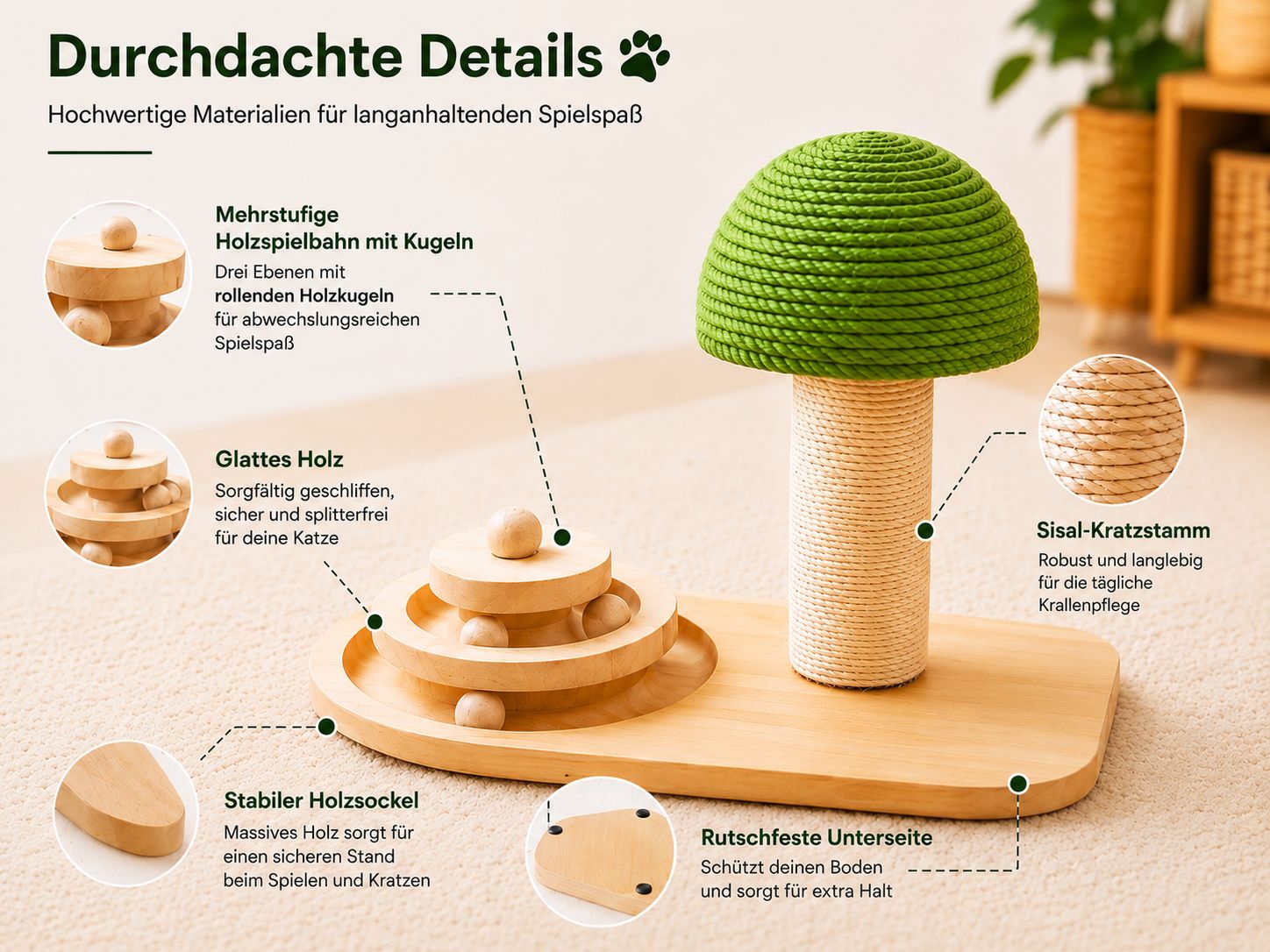 PawFlow 3-in-1 Katzen-Spielstation mit Sisal-Kratzbaum, Holzspielbahn & Federwedel – Spielen, Kratzen & Entdecken