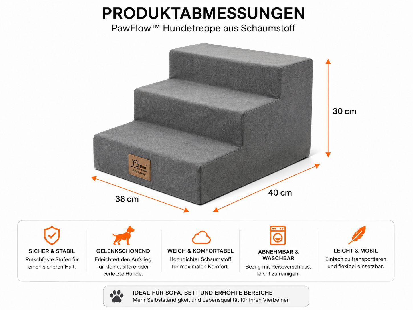 PawFlow™ Hundetreppe aus Schaumstoff – Sicher aufs Sofa & Bett