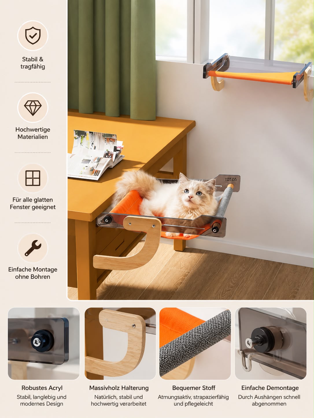 PawFlow Premium Fensterliege aus Acryl & Massivholz