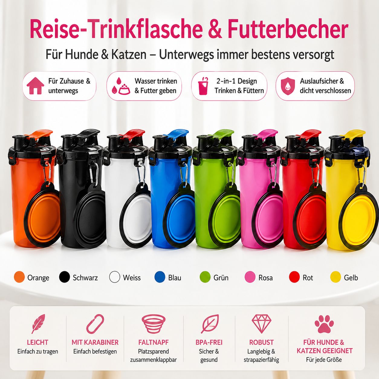 PawFlow™ Mobile Reise-Trinkflasche mit Faltnapf für Hunde & Katzen – Trinken unterwegs leicht gemacht