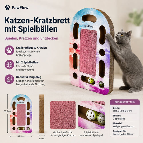 PawFlow Katzen-Kratzbrett mit Spielbällen – Interaktive Kratzwand für Katzen