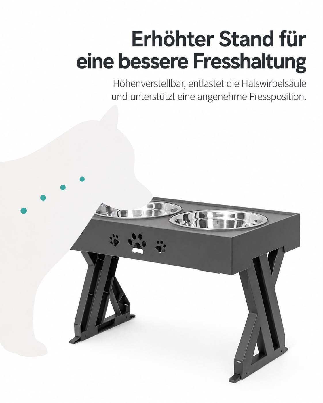 PawFlow Höhenverstellbarer Doppelnapf mit Edelstahlschalen