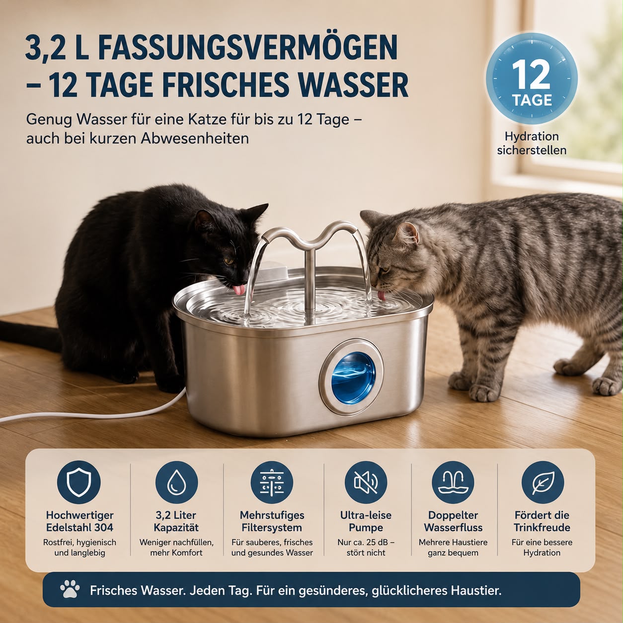 PawFlow™ Premium Edelstahl-Trinkbrunnen für Katzen & Hunde (3,2 L)