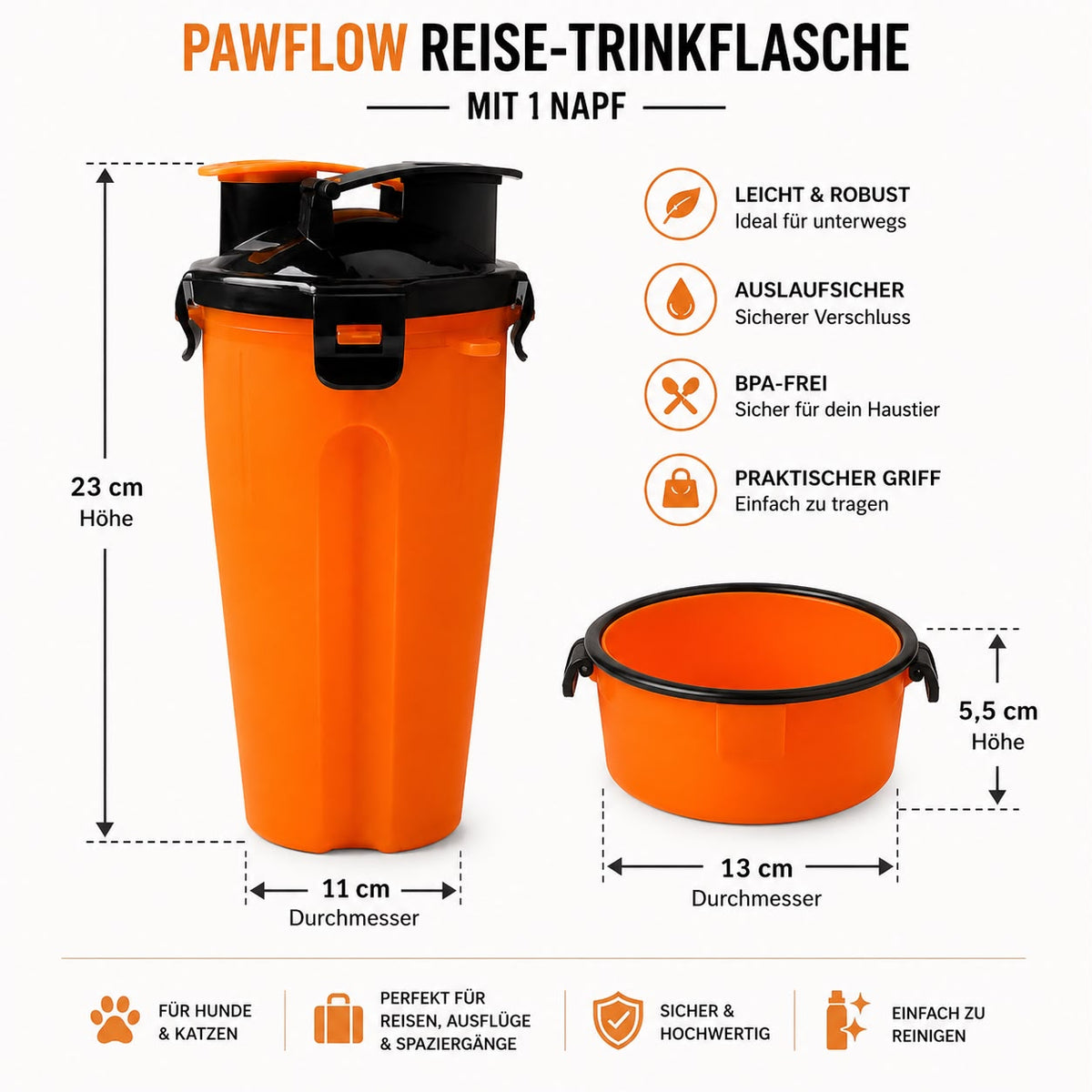 PawFlow Reise-Trinkflasche mit Napf