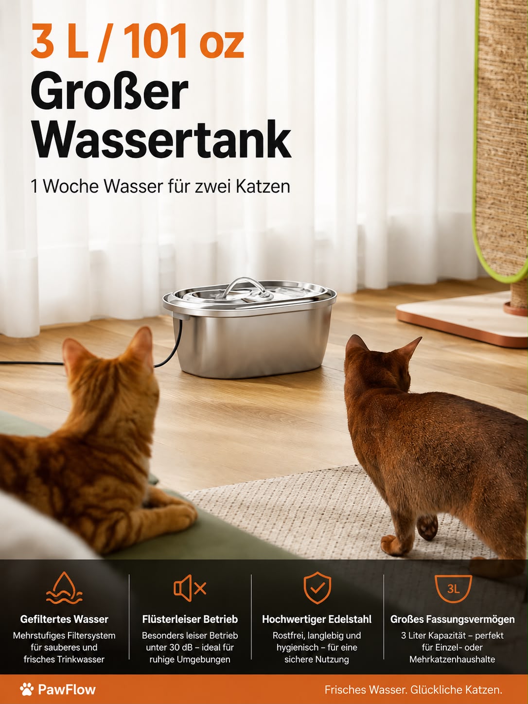 PawFlow Edelstahl-Trinkbrunnen 3 L