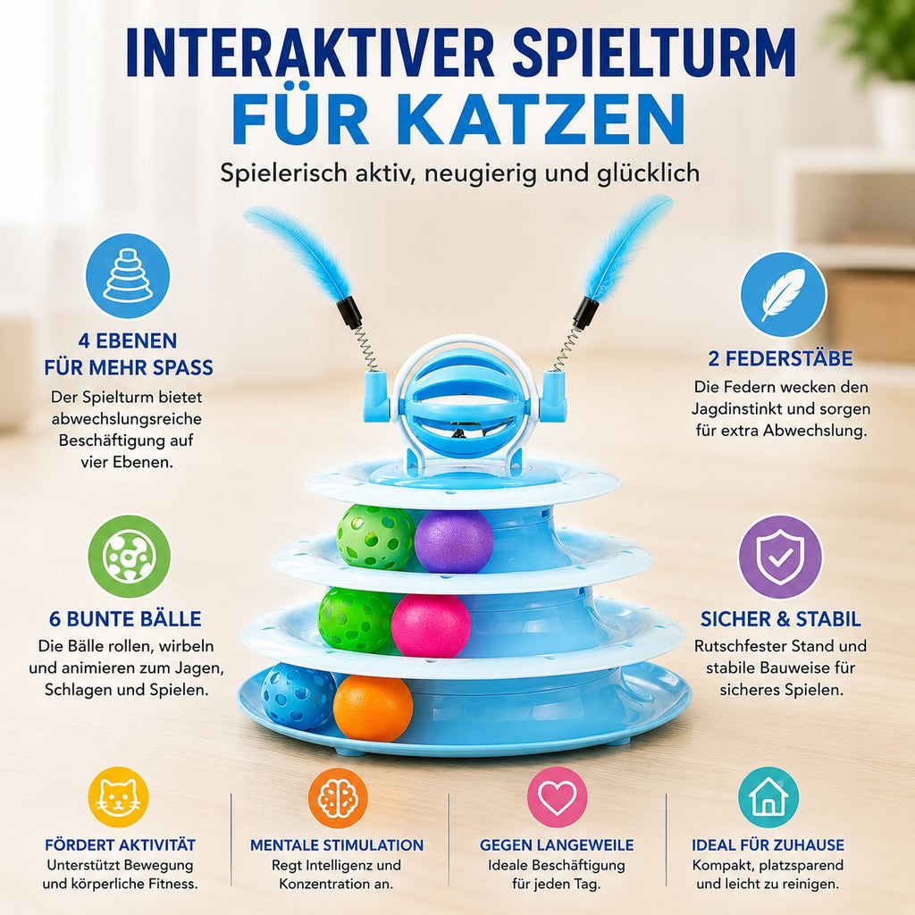 PawFlow Interaktiver Katzen-Spielturm mit Bällen & Federstäben – Spielen, Jagen & Entdecken