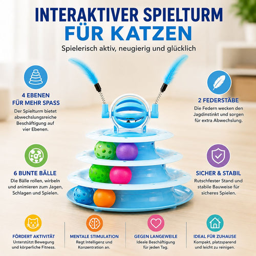 PawFlow Interaktiver Katzen-Spielturm mit Bällen & Federstäben – Spielen, Jagen & Entdecken