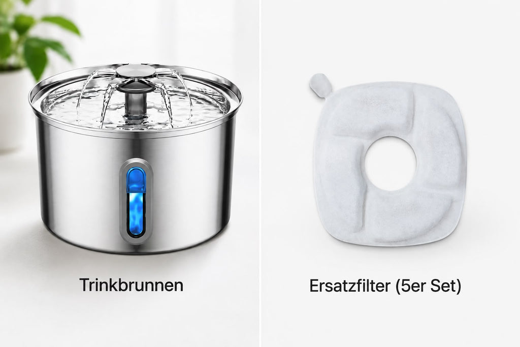 PawFlow Edelstahl-Trinkbrunnen 3 L mit 5 Ersatzfiltern