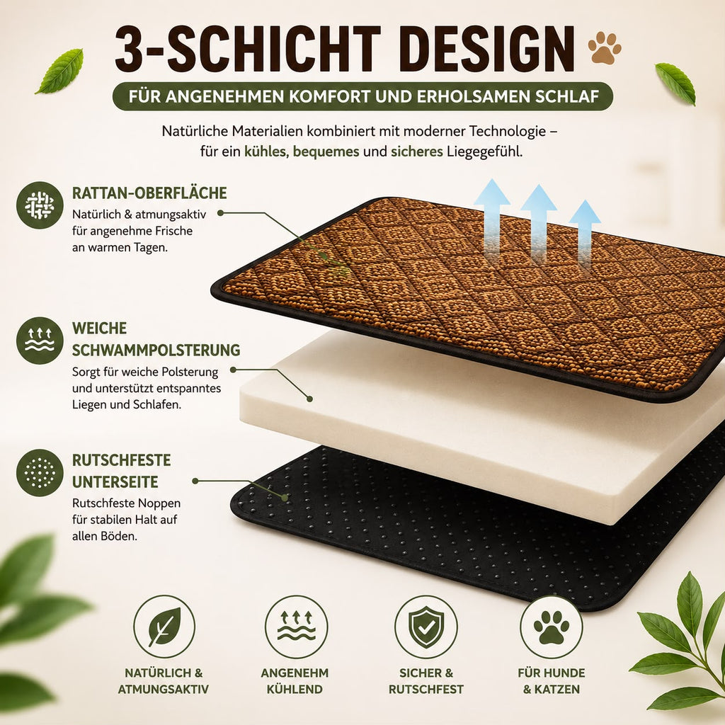 PawFlow Rattan-Kühlmatte mit Nackenrolle für Hunde & Katzen – Natürlich kühl & atmungsaktiv