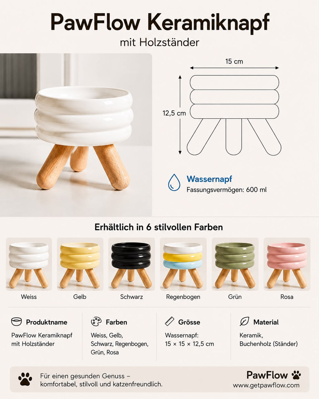 PawFlow Keramiknapf mit Holzständer