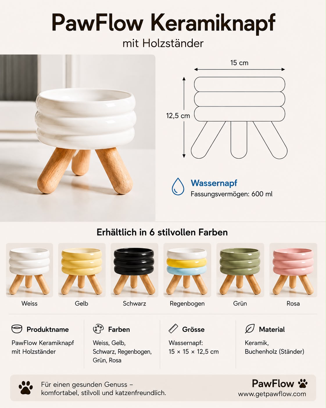 PawFlow Keramiknapf mit Holzständer