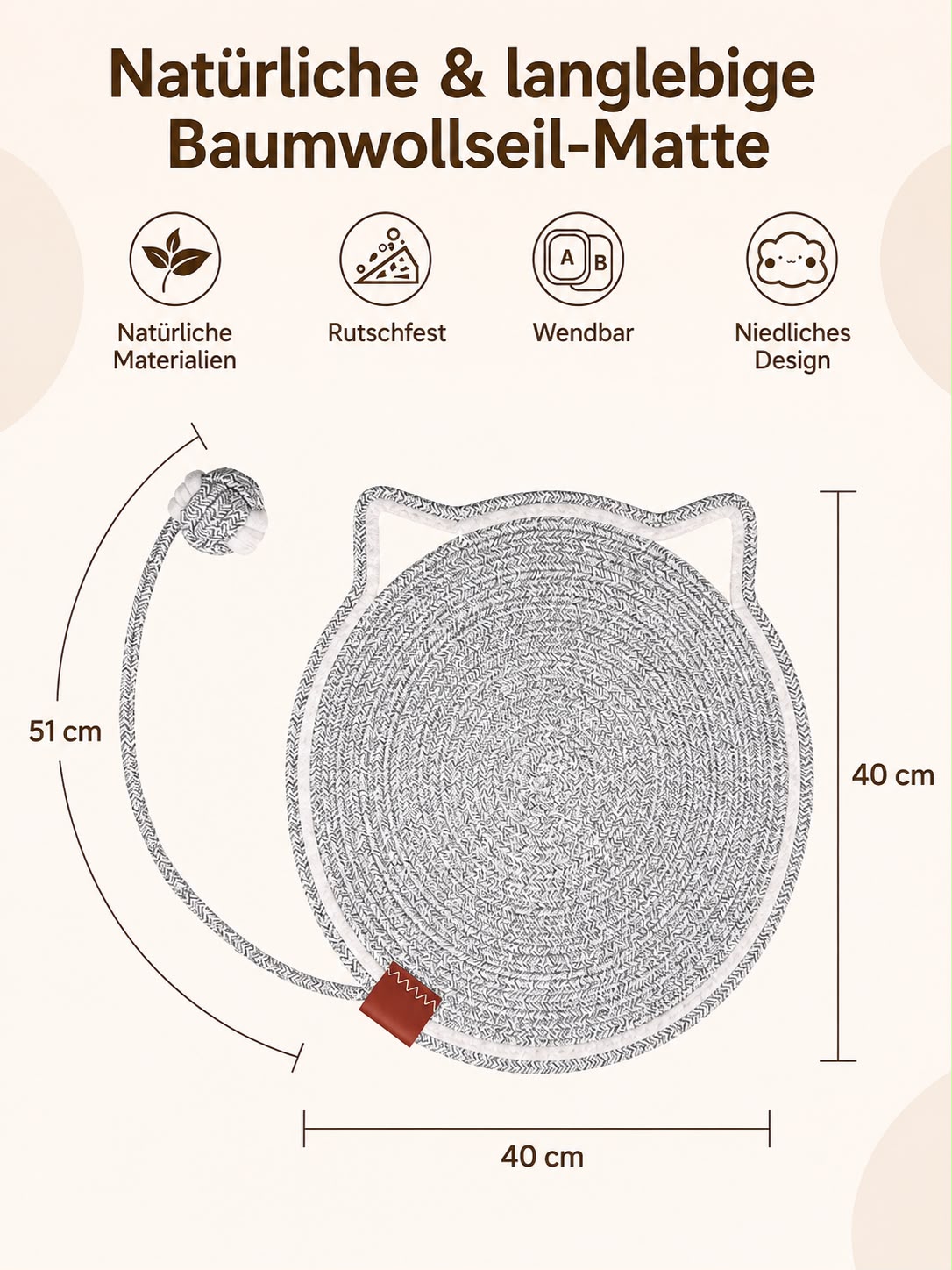 PawFlow Kratzmatte aus natürlichem Baumwollseil mit Spielball