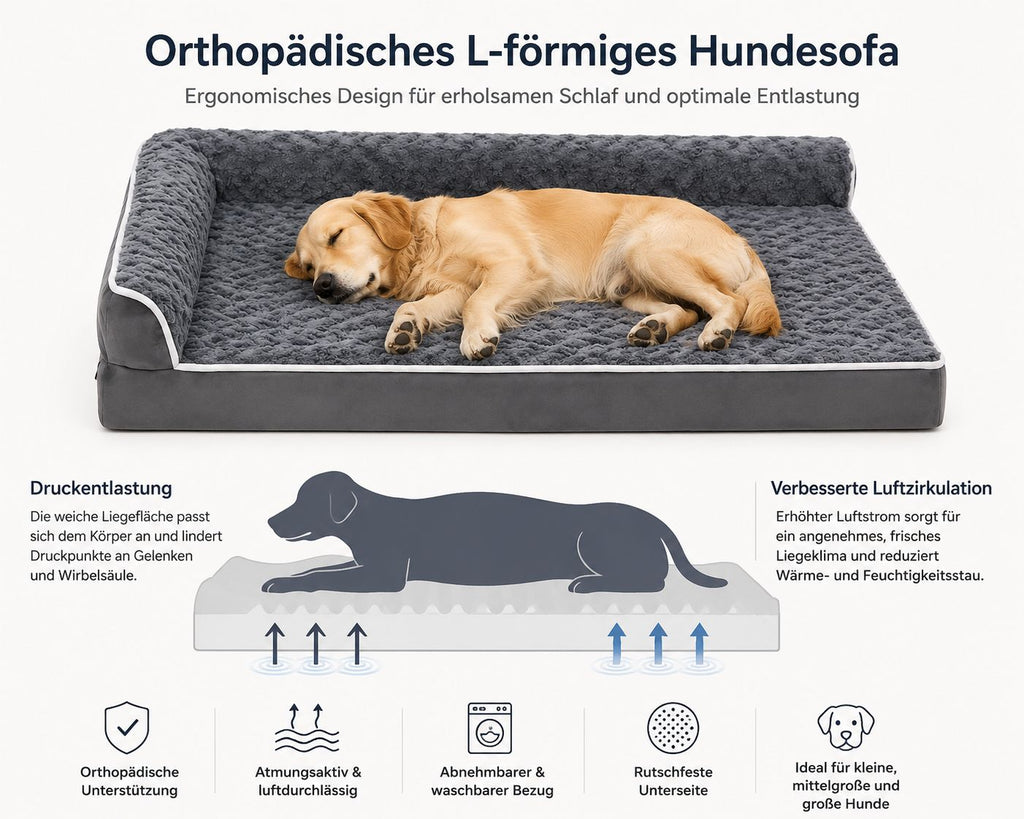PawFlow Orthopädisches Hundesofa XXL - Extra grosser Liegekomfort & waschbarer Bezug