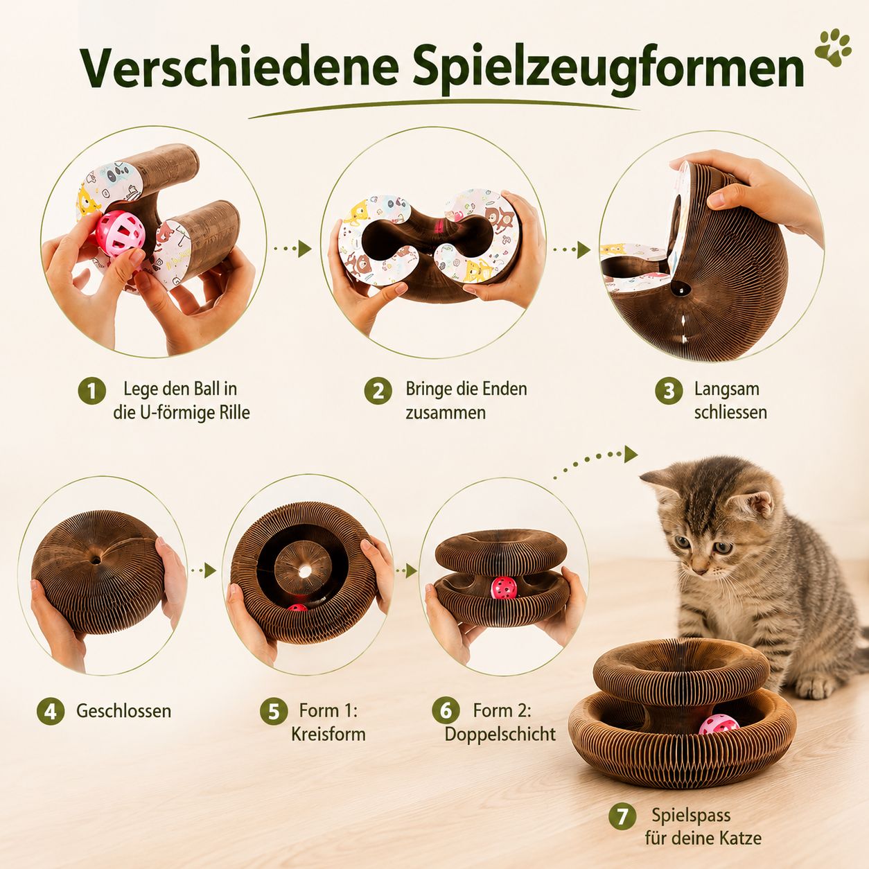 PawFlow Faltbares Katzen-Spielzeug mit Kratzfläche & Glöckchen – Spielen, Kratzen & Entdecken