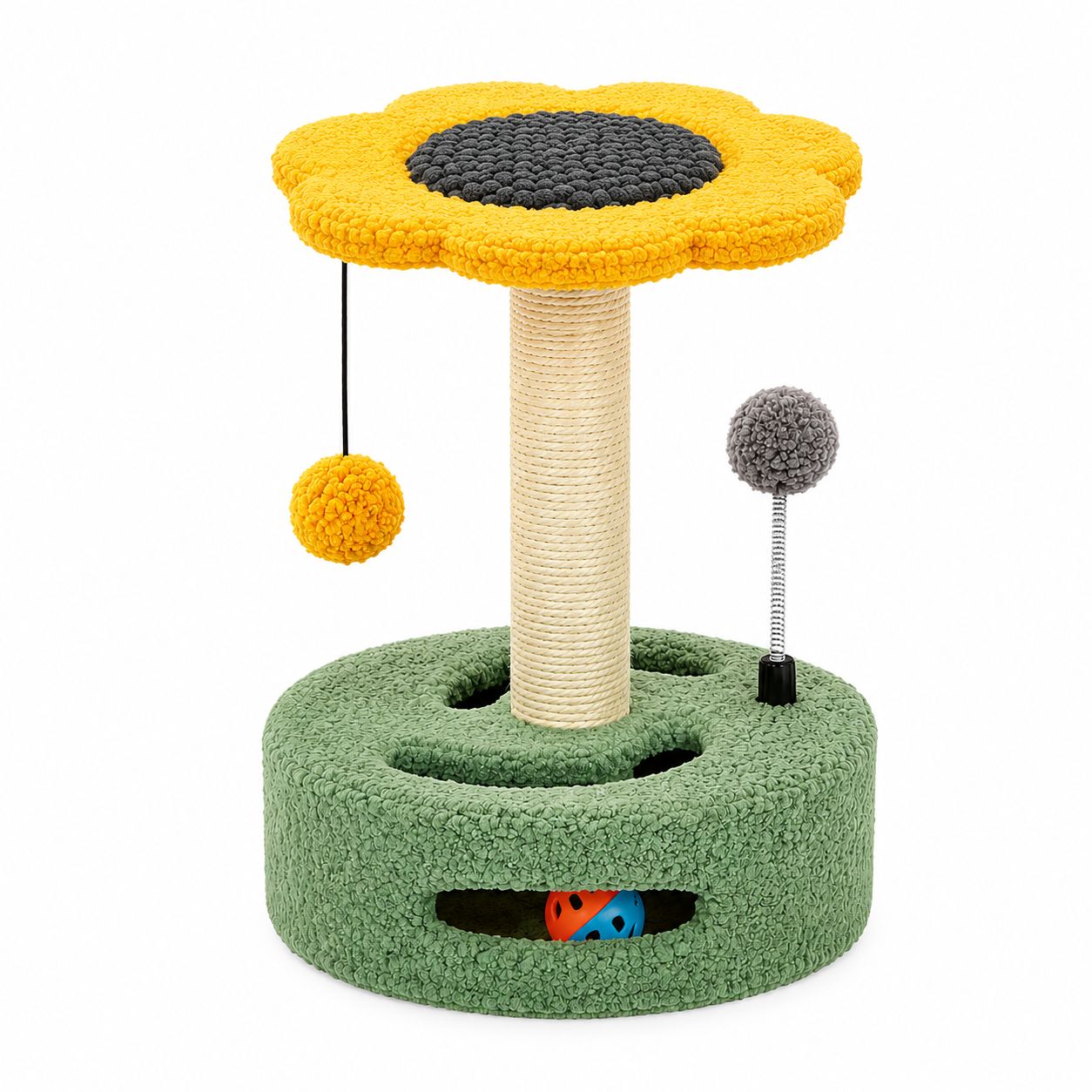 PawFlow 4-in-1 Katzen-Spielstation mit Sisal-Kratzstamm und verschiedenen Spielbällen – Spielen, Kratzen & Entdecken