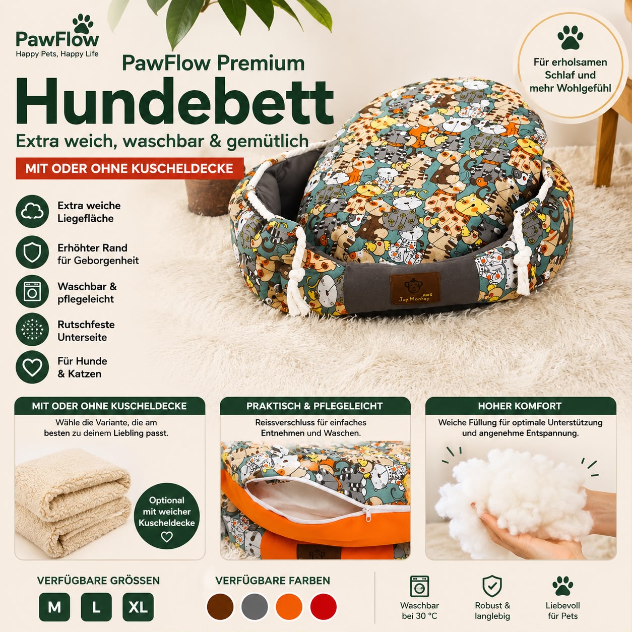 PawFlow Premium Hundebett – Waschbar & extra weich
