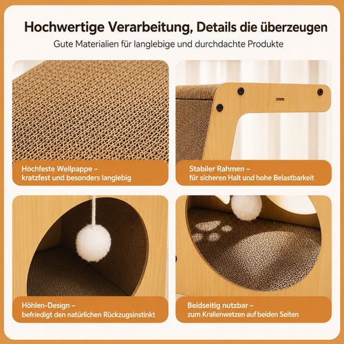 PawFlow 5-in-1 Katzen-Kratzmöbel mit Liegefläche, Tunnel und Kratzpappe