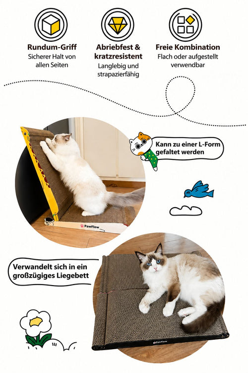 PawFlow Katzen-Kratzliege 2-in-1 aus Wellkarton – Kratzen, Spielen & Entspannen
