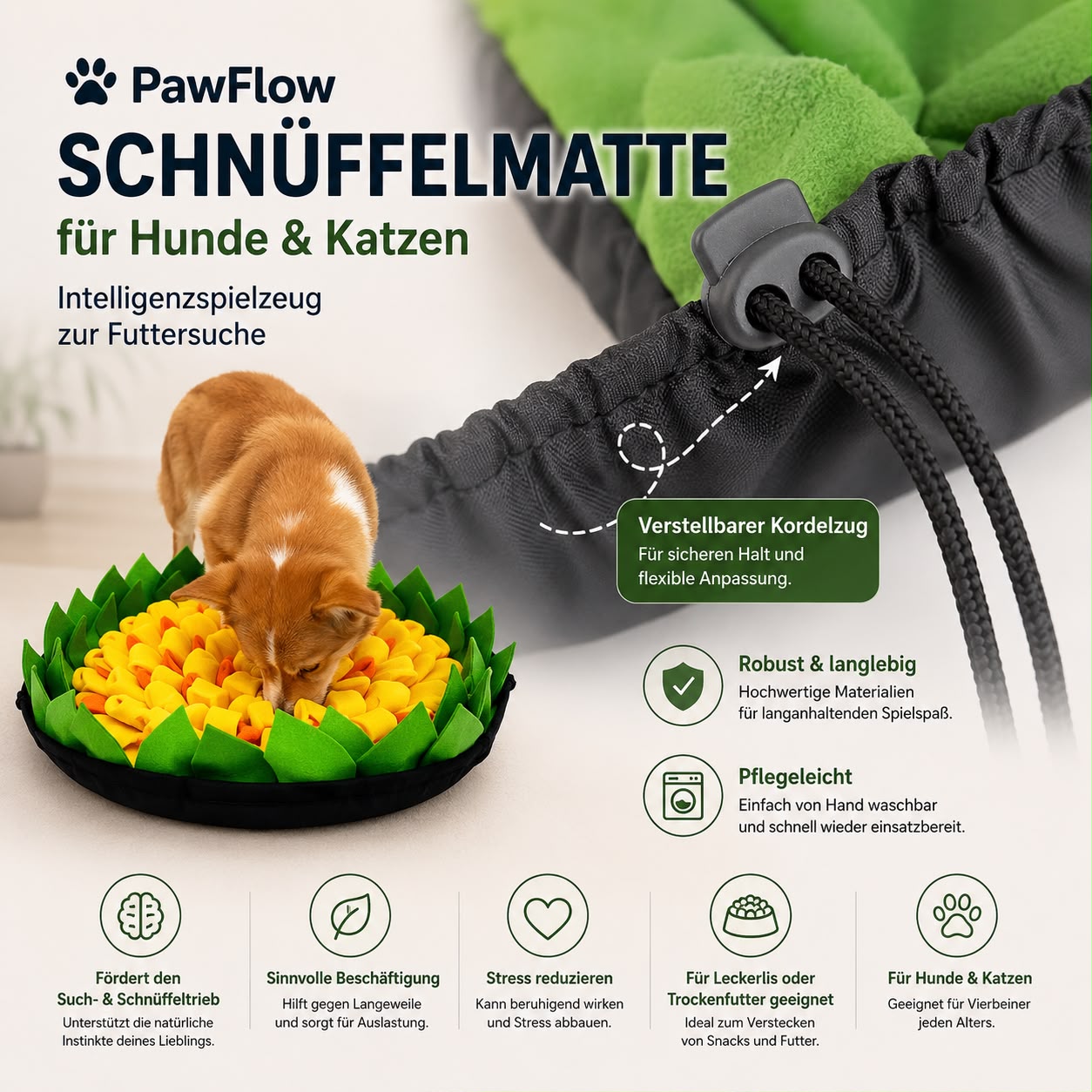 PawFlow Schnüffelmatte für Hunde & Katzen – Intelligenzspielzeug zur Futtersuche