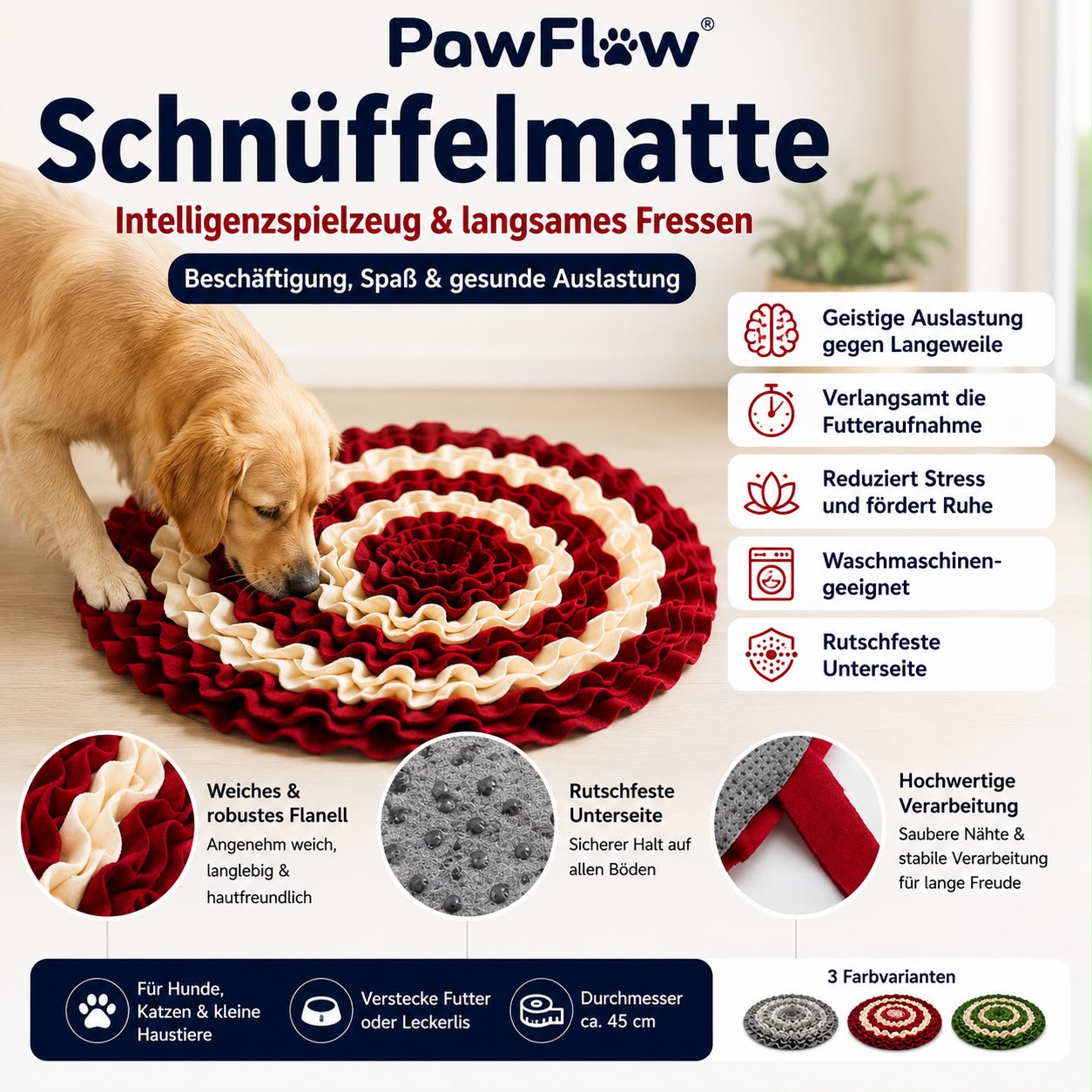 PawFlow Schnüffelmatte für Hunde & Katzen – Intelligenzspielzeug für langsames Fressen