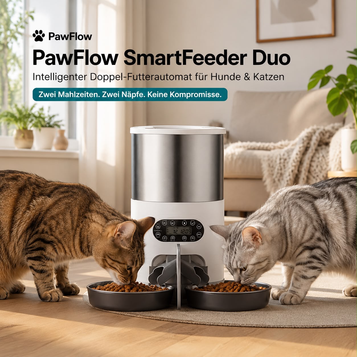 PawFlow SmartFeeder Duo – Automatischer Doppel-Futterautomat für Hunde & Katzen