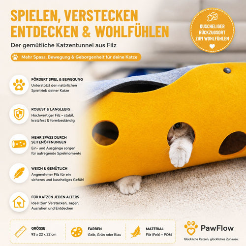 PawFlow Käse-Katzentunnel aus Filz – Verstecken, Spielen & Entdecken