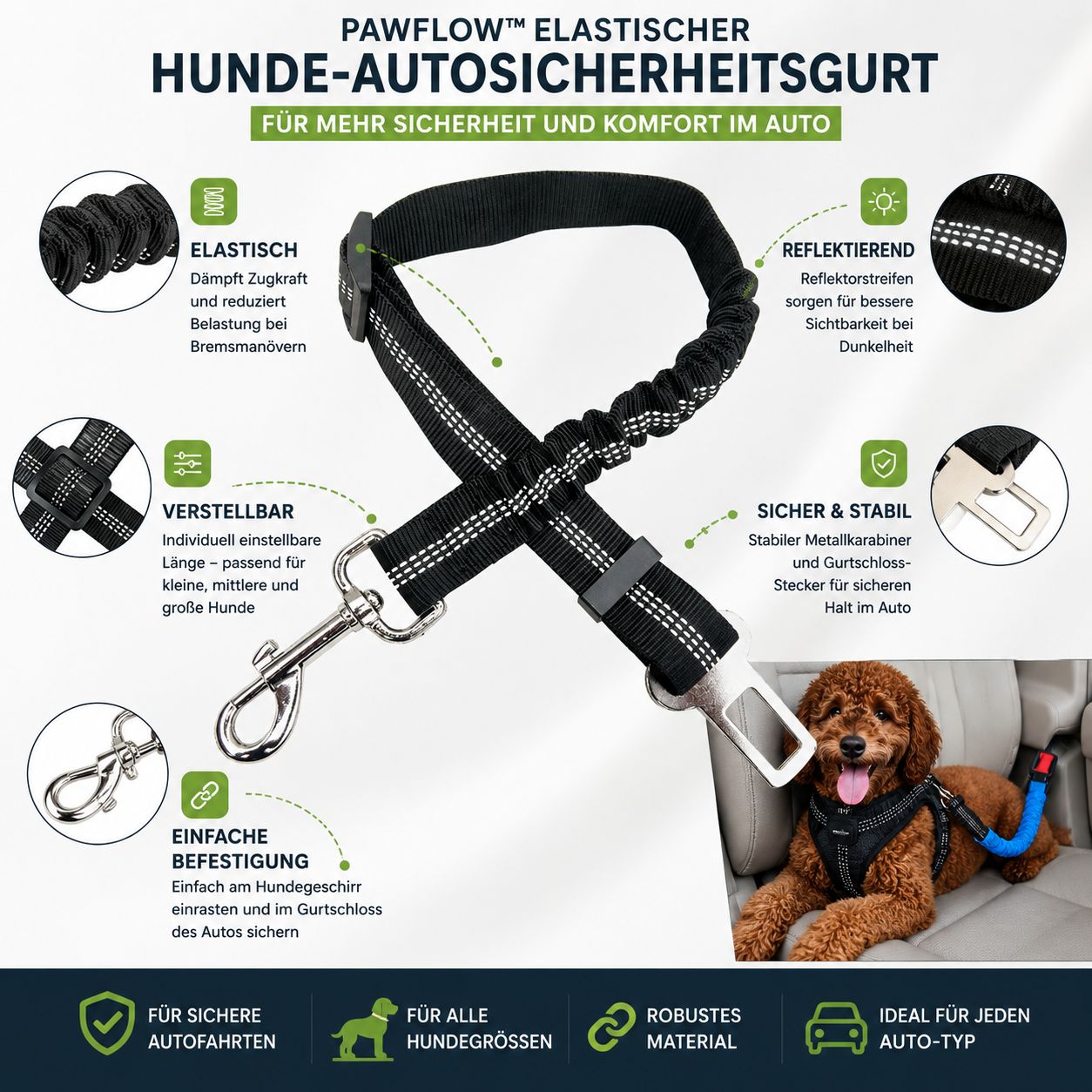 PawFlow™ Elastischer Hunde-Autosicherheitsgurt mit Reflektorstreifen