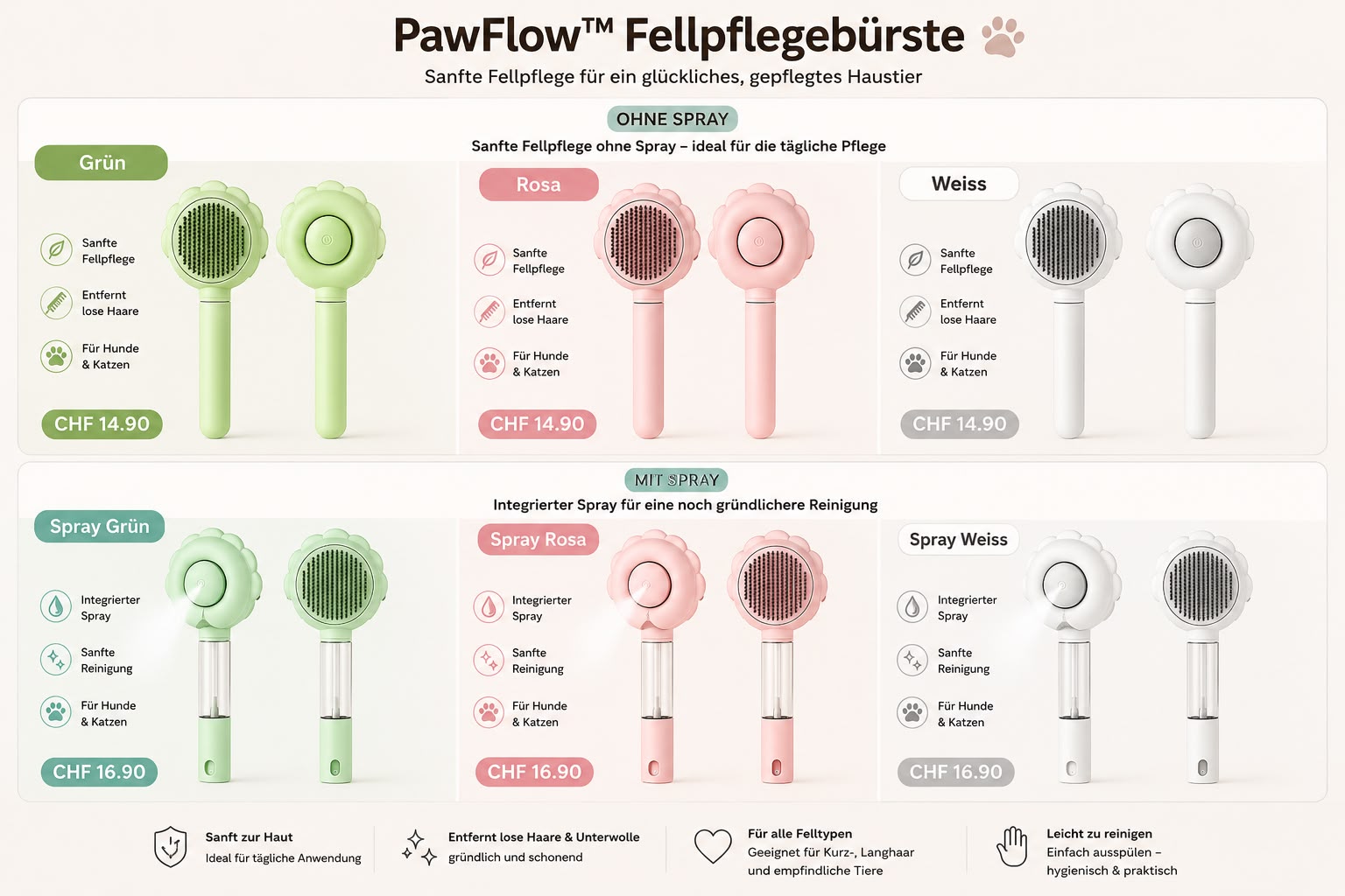 PawFlow™ 2-in-1 Fellpflegebürste mit Spray für Hunde & Katzen