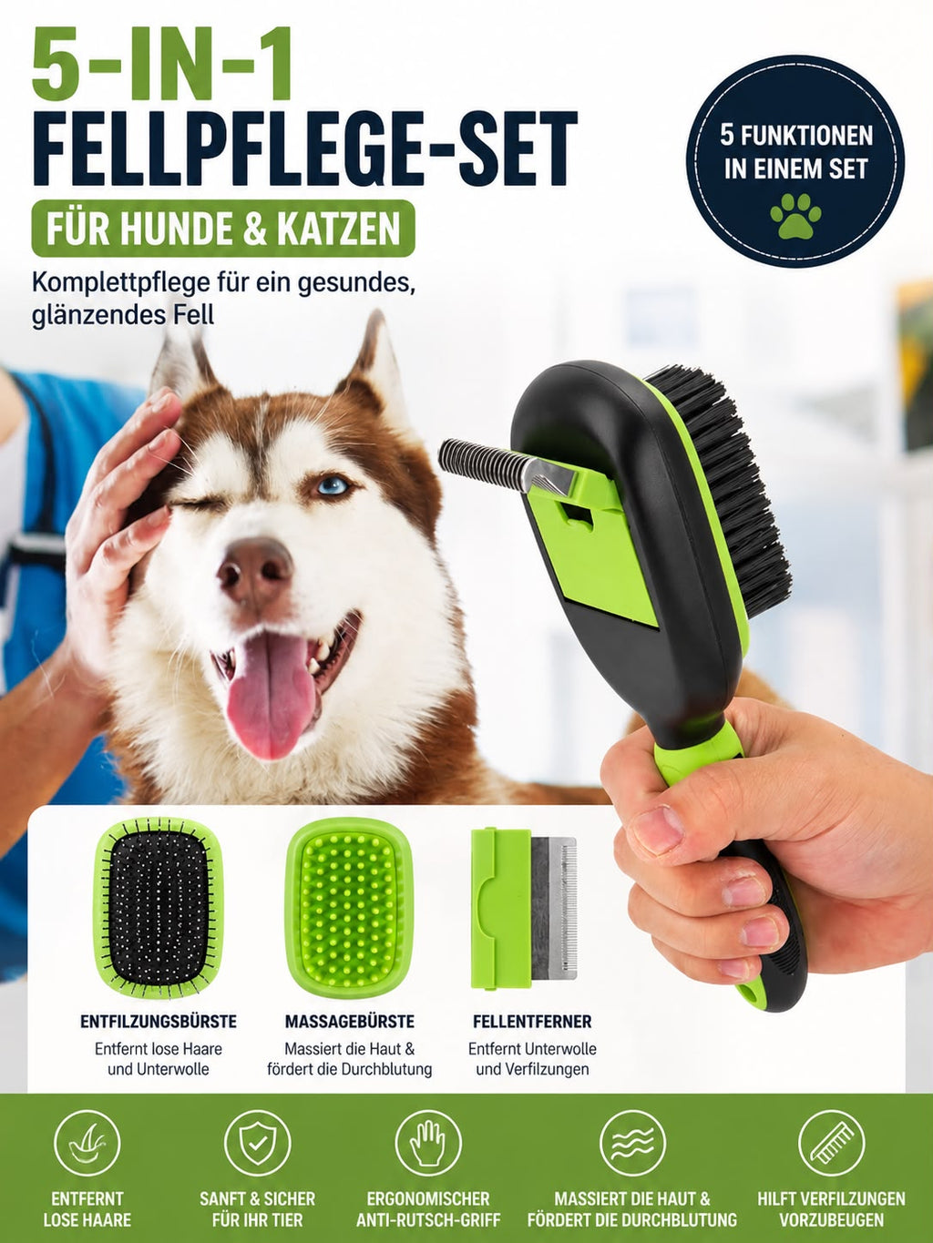 PawFlow 5-in-1 Fellpflege-Set für Hunde & Katzen