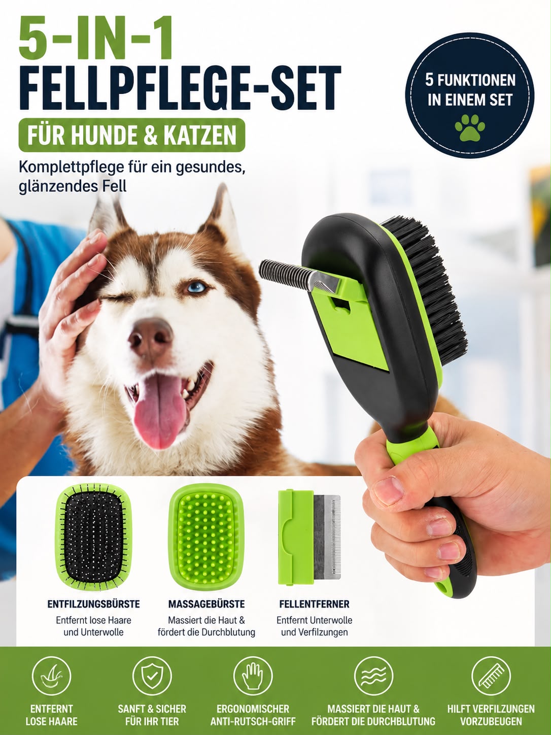 PawFlow 5-in-1 Fellpflege-Set für Hunde & Katzen