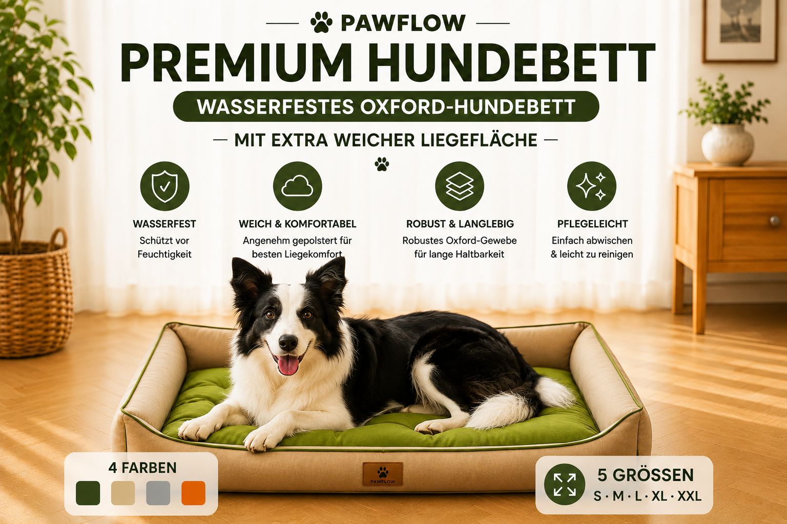 PawFlow Premium Hundebett – Wasserfestes Oxford-Hundebett mit weicher Liegefläche