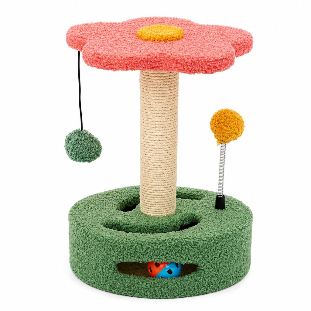 PawFlow 4-in-1 Katzen-Spielstation mit Sisal-Kratzstamm und verschiedenen Spielbällen – Spielen, Kratzen & Entdecken