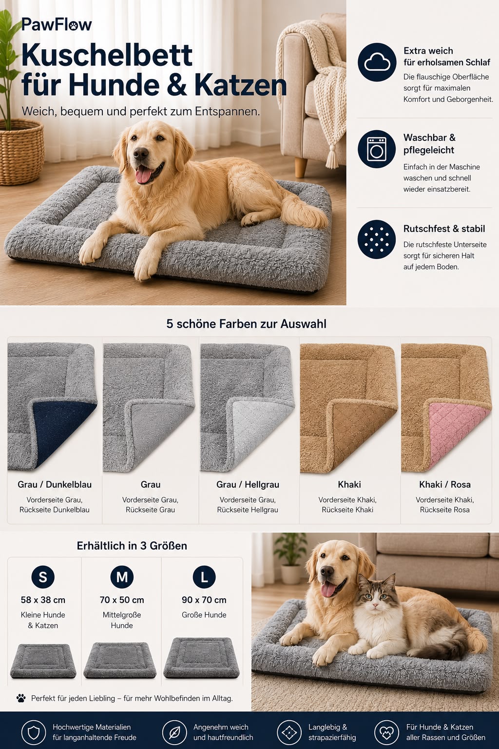 PawFlow Premium Kuschelbett für Hunde & Katzen – Waschbar & extra weich