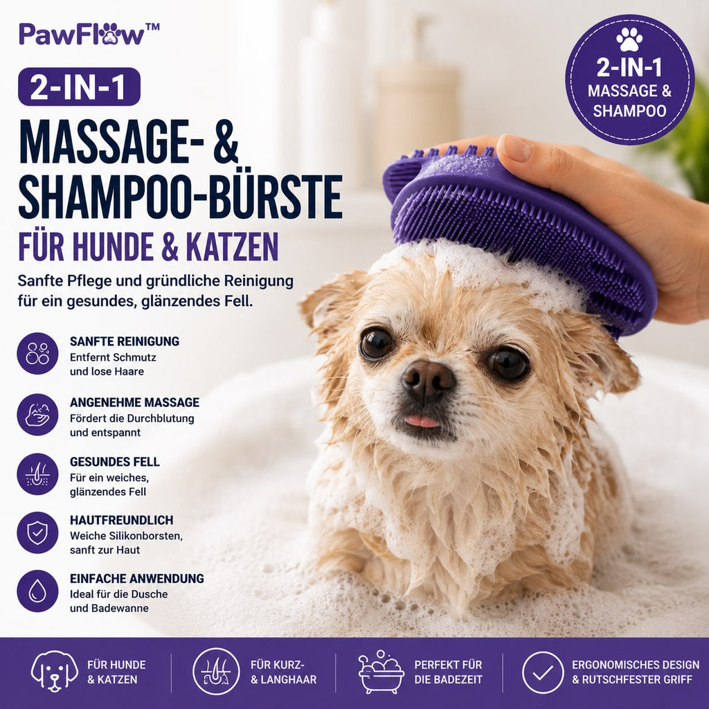 PawFlow 2-in-1 Massage- & Badebürste für Hunde & Katzen