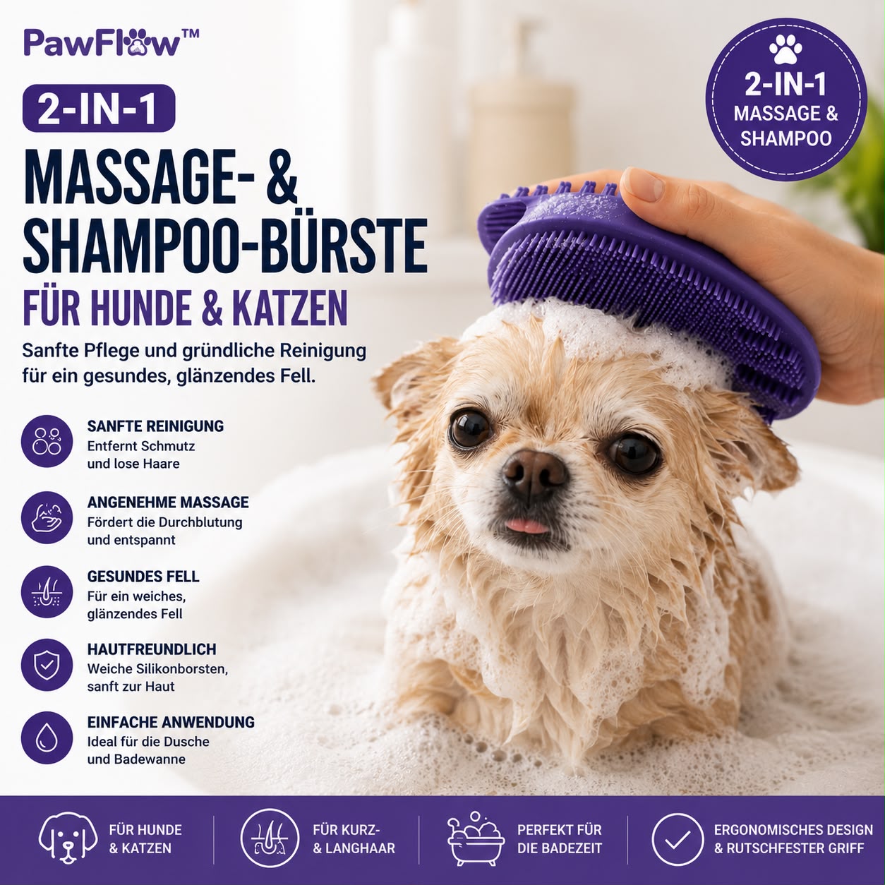 PawFlow 2-in-1 Massage- & Badebürste für Hunde & Katzen