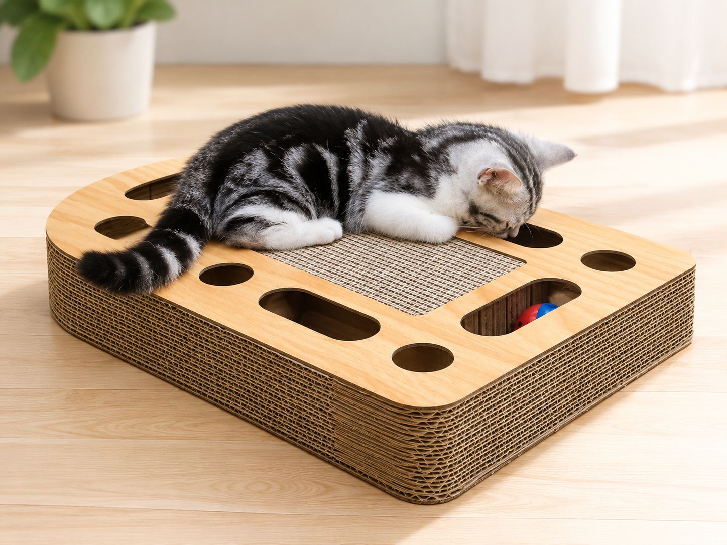 PawFlow Katzen-Kratzbrett mit Spielbällen – Interaktive Kratzwand für Katzen