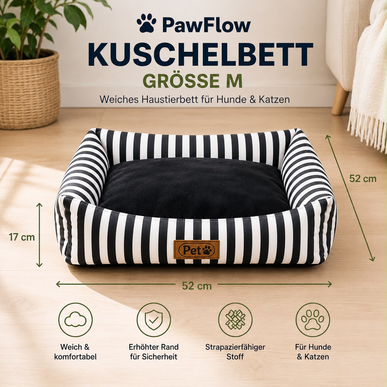 PawFlow Kuschelbett für Hunde & Katzen – Weiches Haustierbett mit erhöhtem Rand