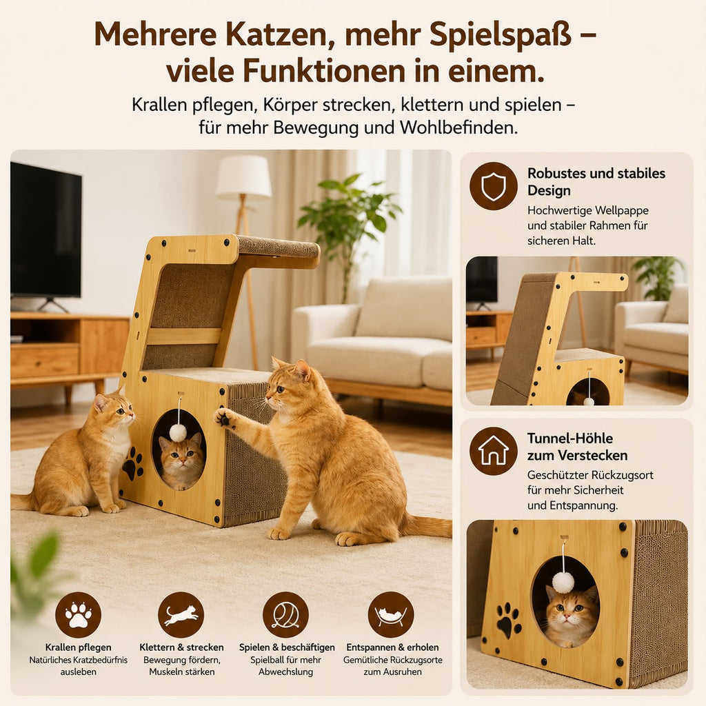 PawFlow 5-in-1 Katzen-Kratzmöbel mit Liegefläche, Tunnel und Kratzpappe