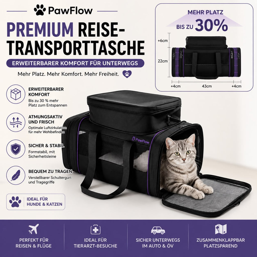 PawFlow Premium Reise-Transporttasche – Erweiterbare Haustiertasche für Hunde & Katzen