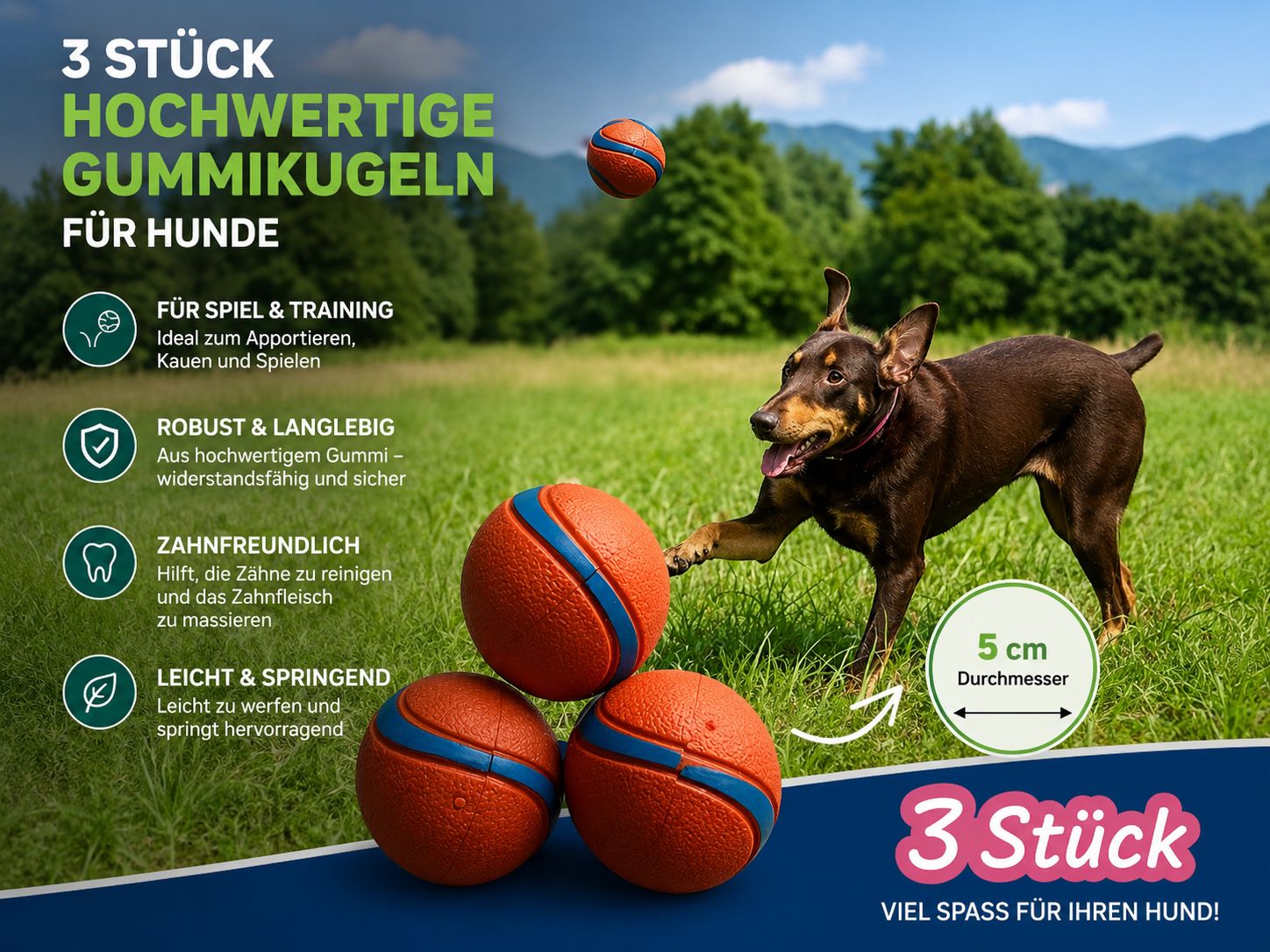 PawFlow™ 3er-Set Spiel- & Apportierbälle für Hunde – Robust, schwimmfähig & langlebig