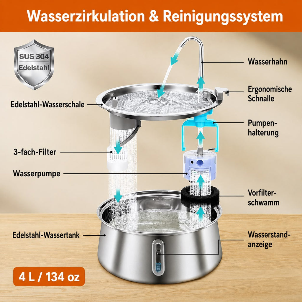 PawFlow Edelstahl-Trinkbrunnen 4 L
