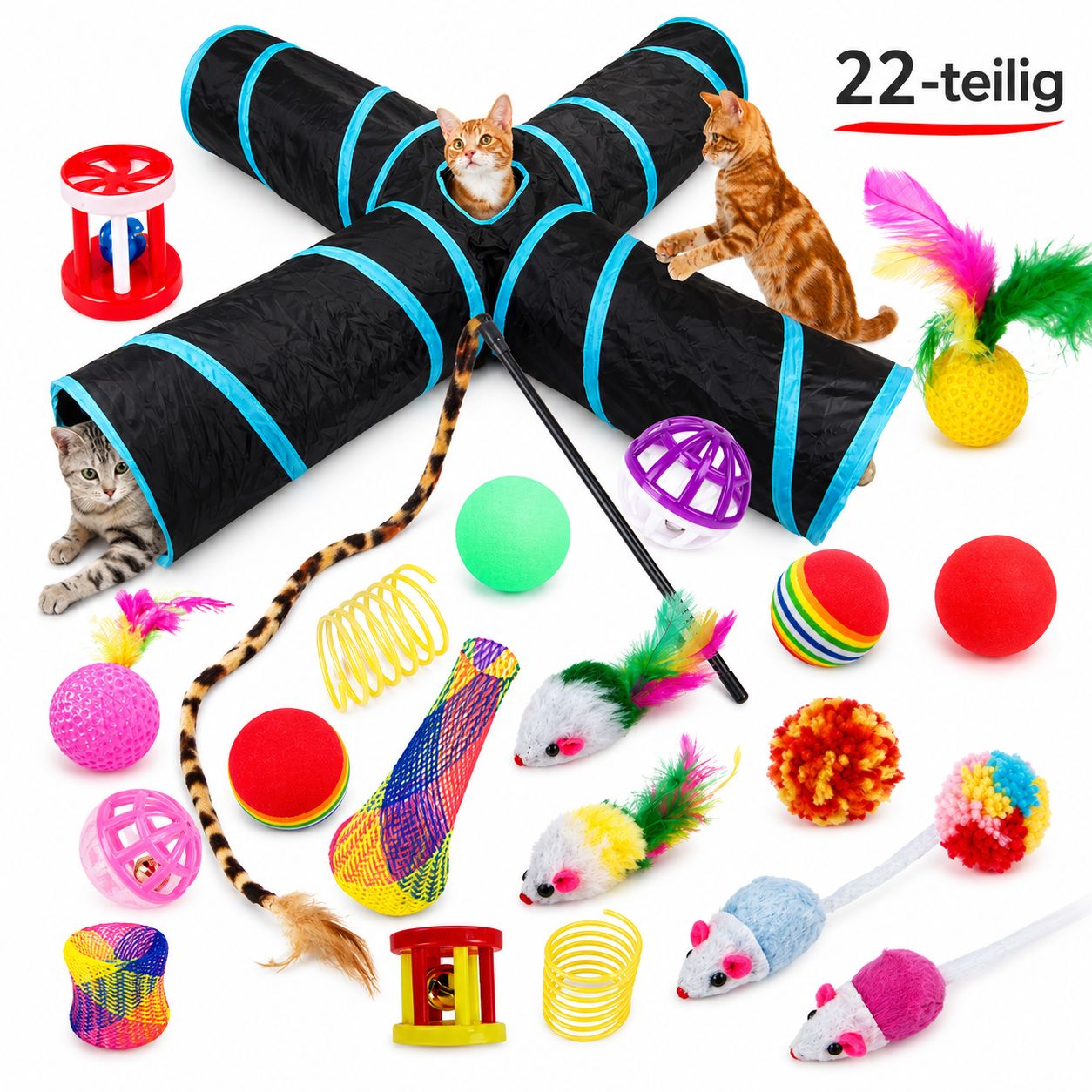 PawFlow 22-teiliges Katzen-Spielset mit Spieltunnel & Zubehör