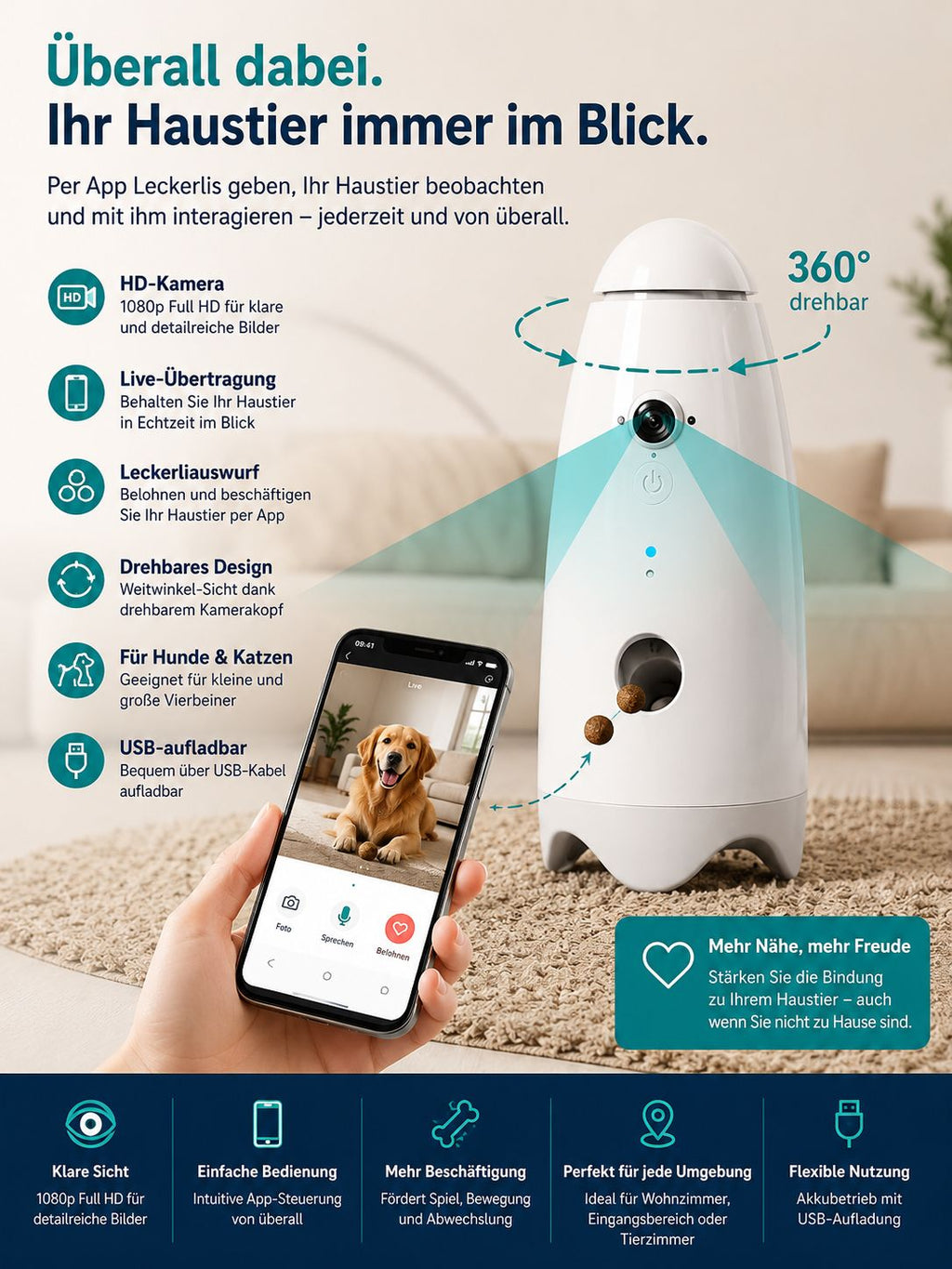 PawFlow Smart-Leckerliwerfer mit HD-Kamera – App-gesteuert für Hunde & Katzen