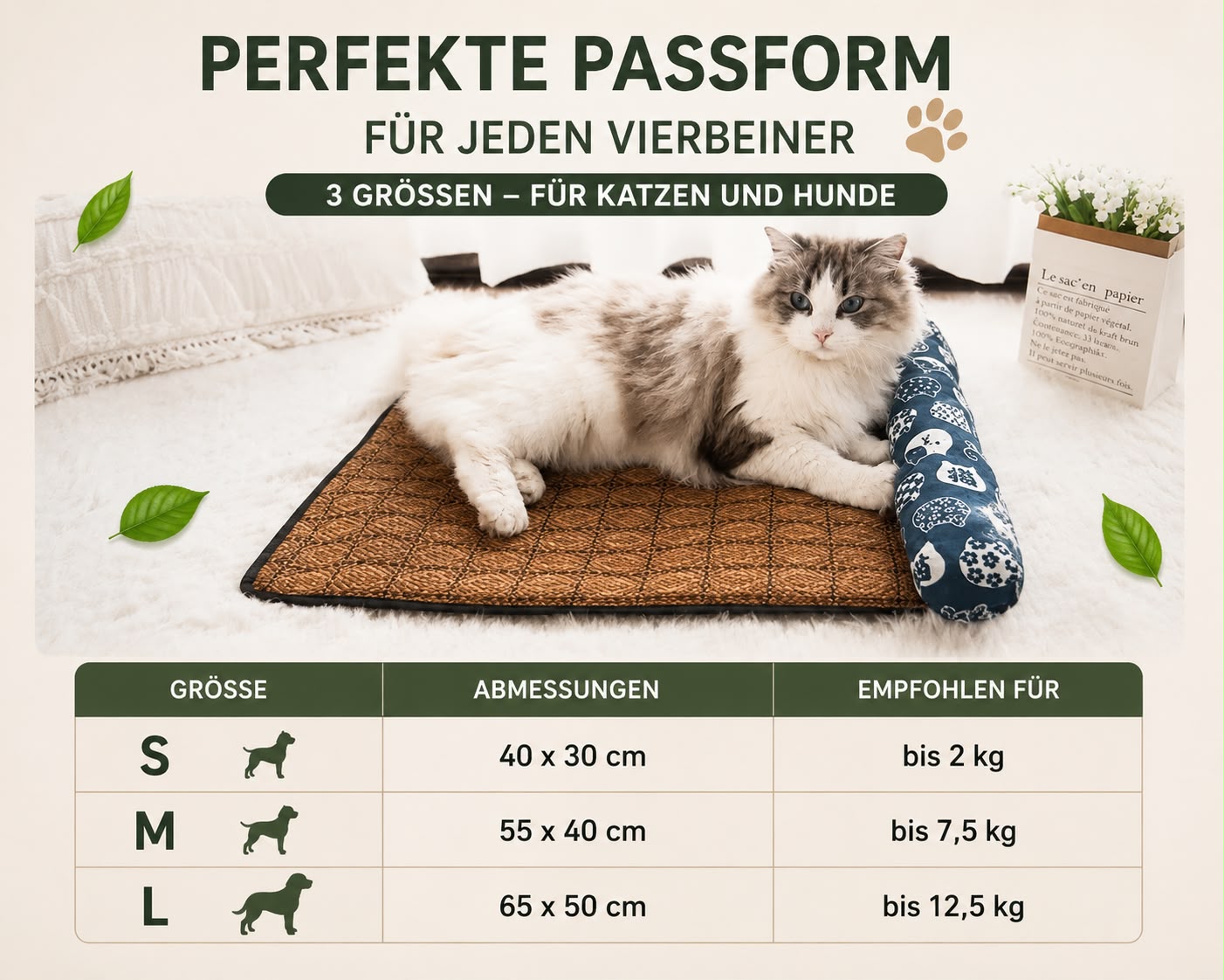 PawFlow Rattan-Kühlmatte mit Nackenrolle für Hunde & Katzen – Natürlich kühl & atmungsaktiv