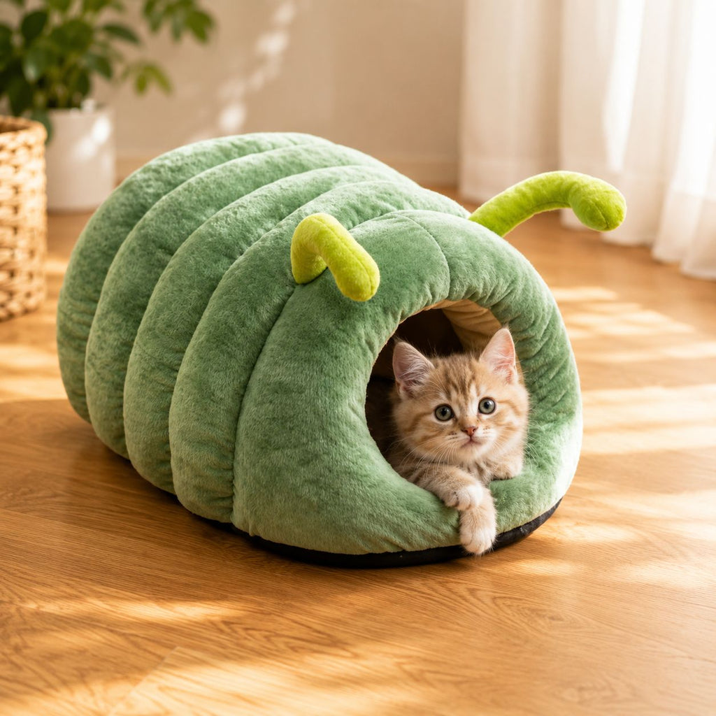 PawFlow Raupen-Kuschelhöhle für Katzen & kleine Hunde – Weiches Plüschbett mit Höhlendesign