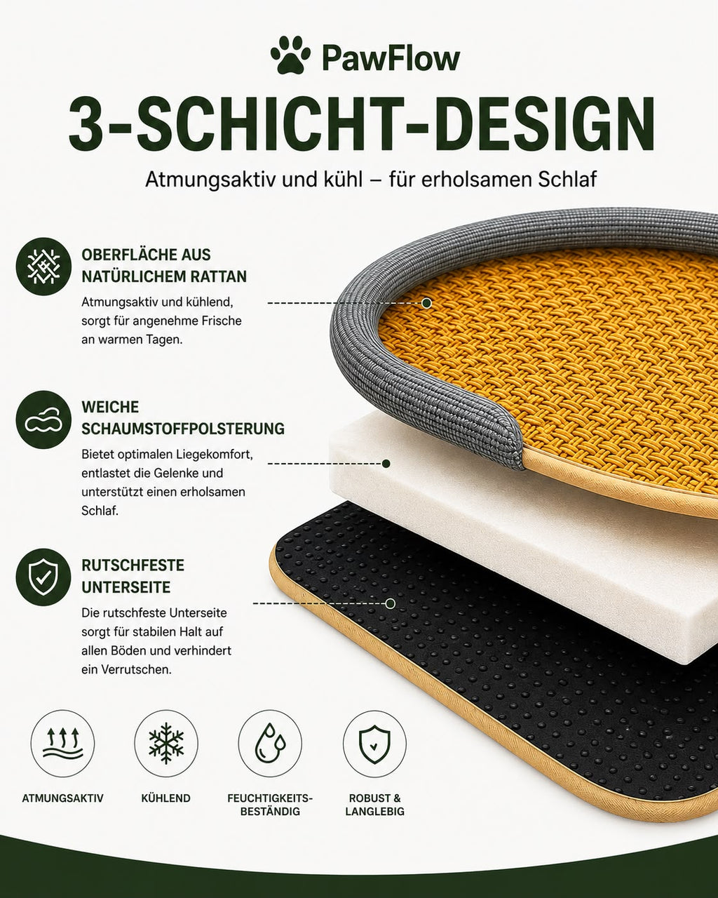 PawFlow Rattan-Kühlbett für Hunde & Katzen – Atmungsaktiv, kühl & besonders bequem
