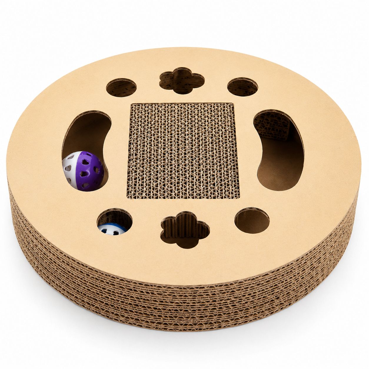 PawFlow Rundes Katzen-Kratzbrett mit Spielbällen – Kratzen, Spielen & Entspannen